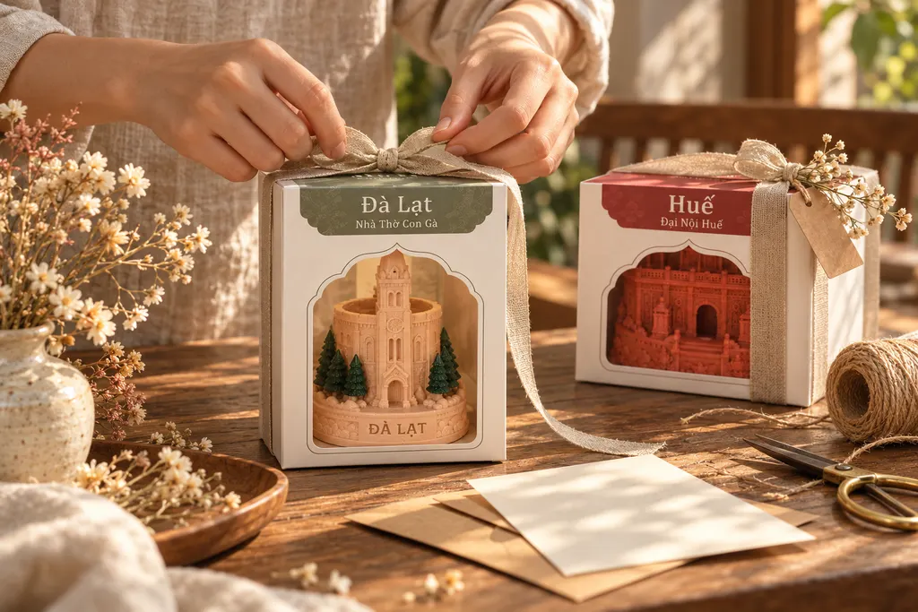 Đôi tay thắt nơ vải lanh quanh hộp nến Đà Lạt, bên cạnh hộp nến Huế đã gói và tấm thiệp