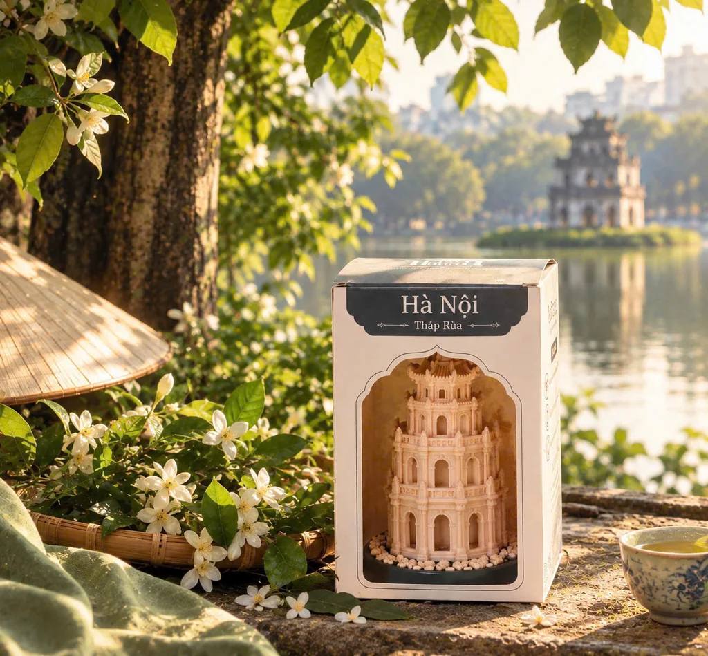 Nến kiến trúc Tháp Rùa Hà Nội trong hộp, bên Hồ Gươm