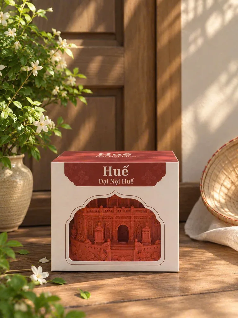 Nến Đại Nội Huế màu đỏ son trong hộp giấy có ô cửa vòm
