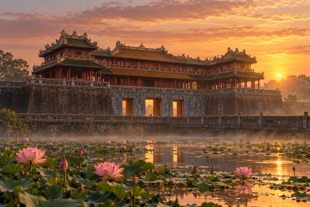 Cổng Ngọ Môn Huế lúc hoàng hôn, hồ sen phía trước